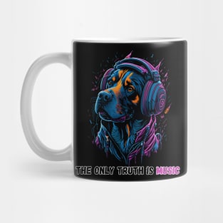 The only truth is music. Cute rotweiller dog wearing headphones Mug